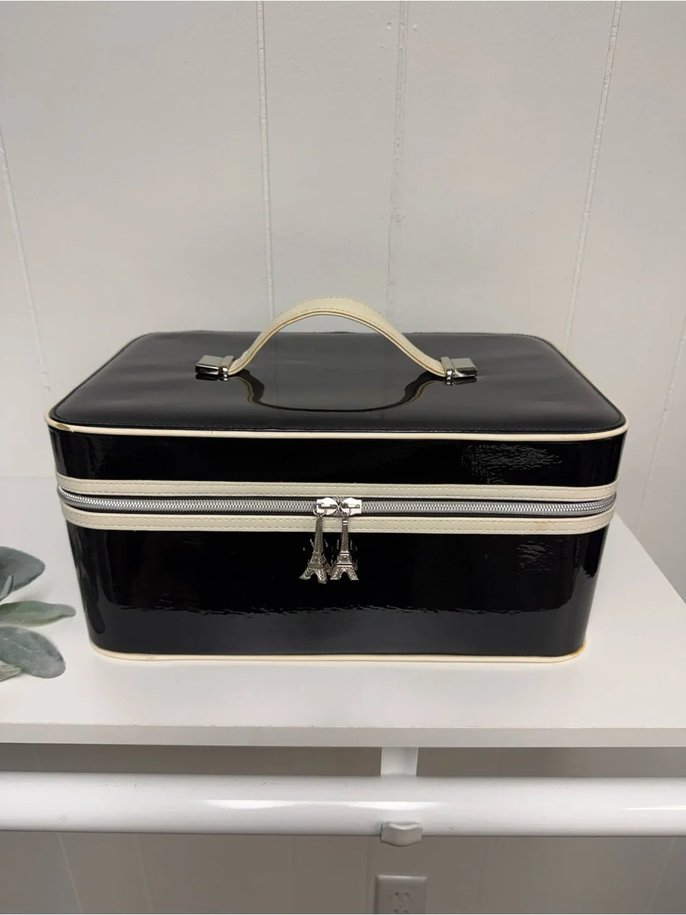 Vintage Lancôme Makeup Train Case | Black Cream Red | Eiffel Tower Zipper Charms